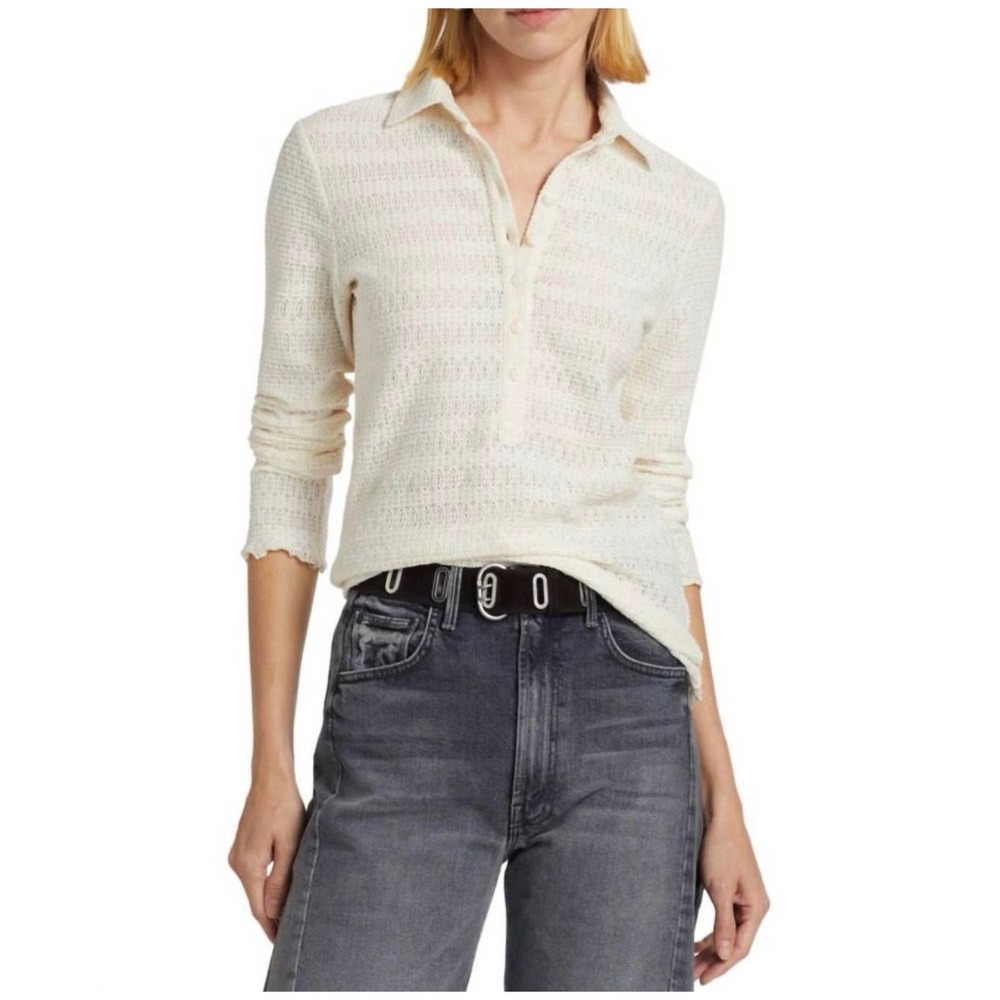 NWT Rag & Bone Julia Long Sleeve Polo shirt M ivory classic minimalist preppy